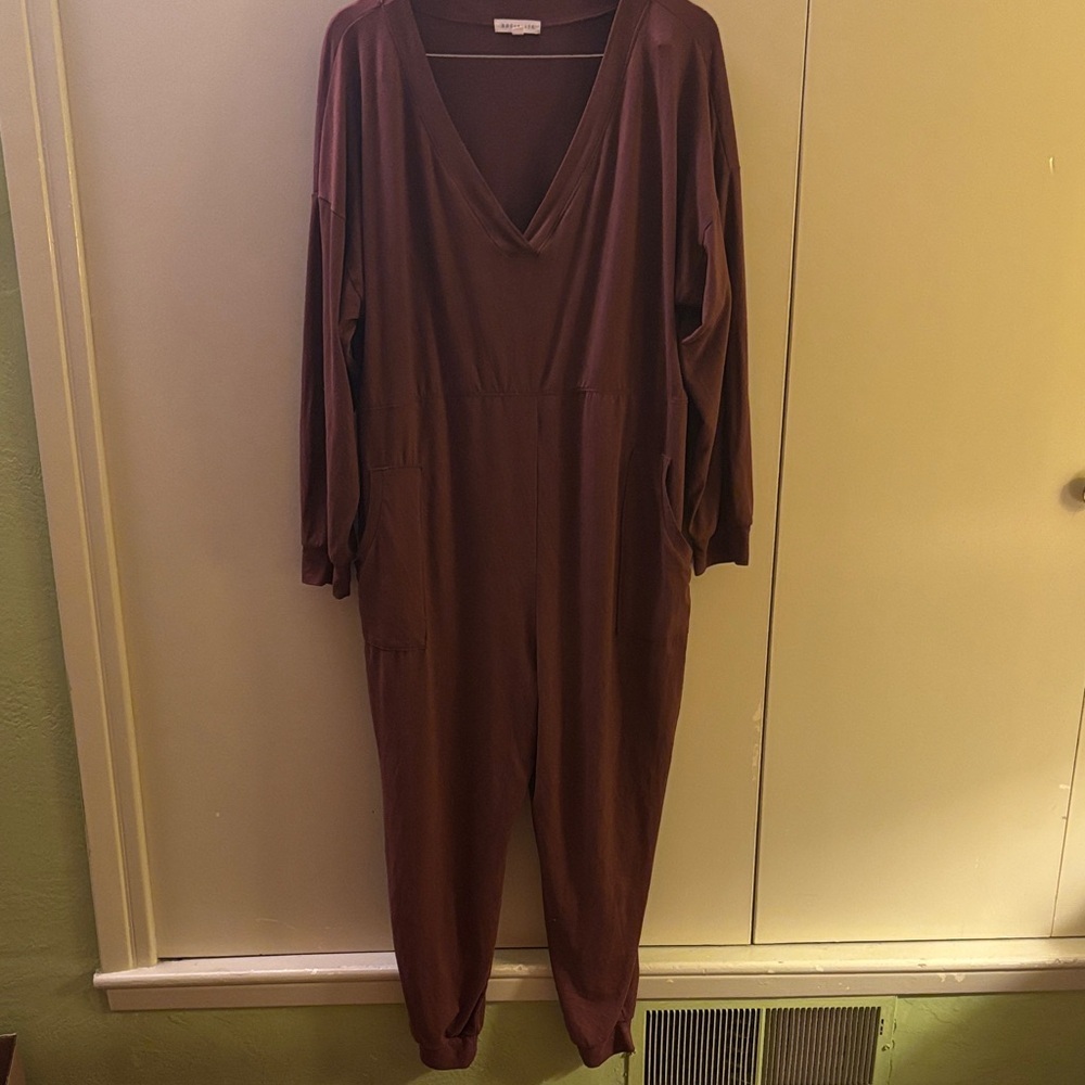 Socialite XL Brown Long V Neck Jumpsuit Comfy Loungewear Neutral Lagenlook - Picture 1 of 11